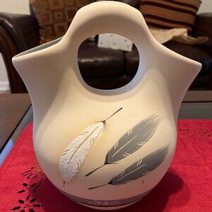 Vintage Grey Feather Wedding Vase and Bell set of 2 by Desert Pueblo Pottery